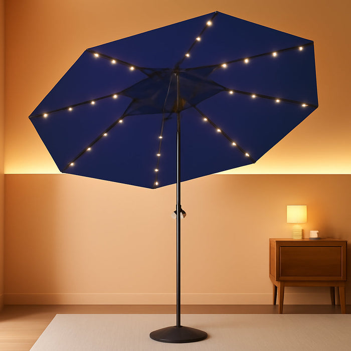 10FT Solar Patio Umbrella with Lights, Outdoor Table Market Umbrella with 32 LED Lights, 8 Sturdy Ribs, Push Button Tilt and Crank for Pool, Deck and Garden, Uv-Resistant