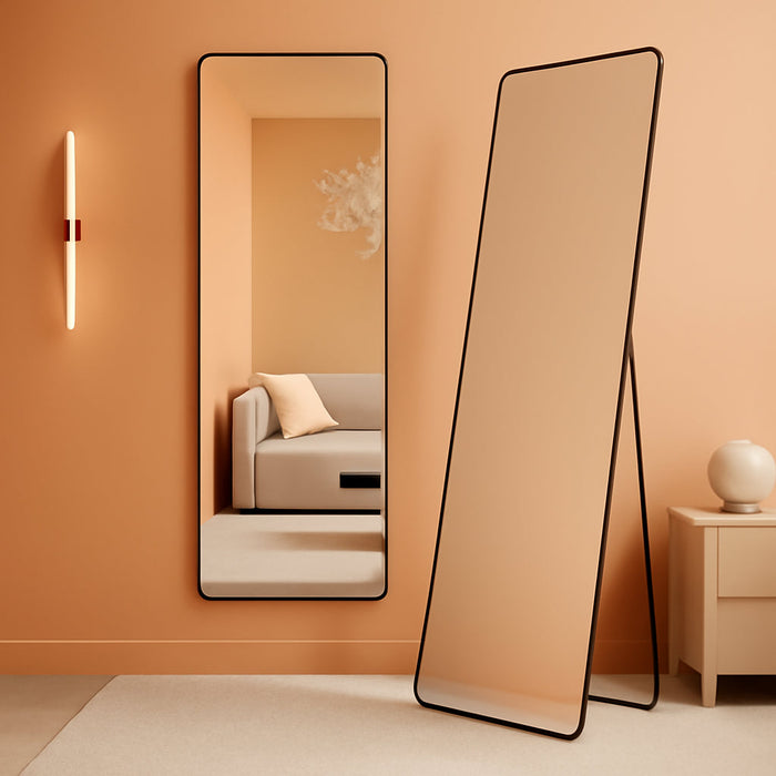 Full Length Mirror, 63 X 20 Inches, Rectangle Full Body Mirror with Stand, Aluminum Alloy Frame Floor Mirror, Tempered Glass, for Bedroom, Living Room, Cloakroom, Ink Black ULFM030B01
