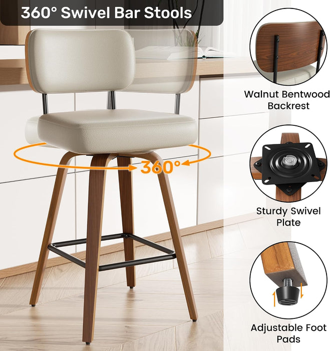 Swivel Bar Stools Set of 2, 26" Upholstered Modern Faux Leather Counter Height Barstools with Walnut Back & Bentwood Legs, Mid Century Bar Chairs Island Stools for Kitchen Counter, Beige Grey