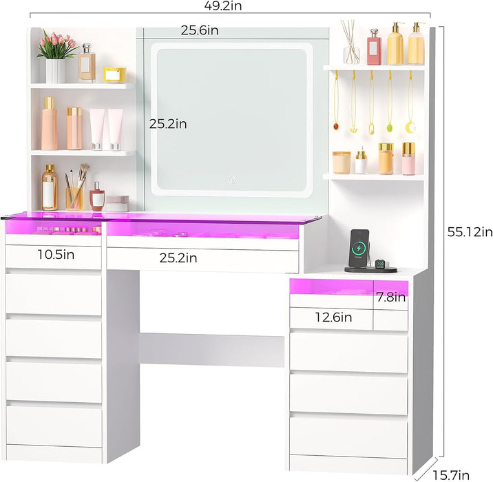 Vanity Desk with Mirror and Lights 3 Colors,White Makeup Vanity Table with Glass Top,10 RGB Drawers,4 Shelves and 5 Hooks,Dressing Table with Power Outlet & Nightstand for Bedroom FST70W