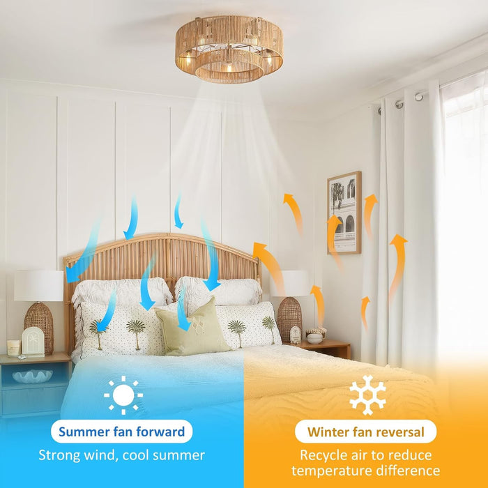 20 Inch Boho Caged Ceiling Fans with Lights Flush Mount, Layered Rattan Ceiling Fan with Light Remote Control with Reversible 6 Speeds for Bedroom, Nursery, Living Room, E12 Base, Indoor