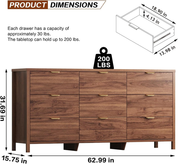 Fluted Dresser for Bedroom with 9 Drawers, 63" Modern Chest of Drawers, Dresser TV Stand, Wood Drawer Organizer for Living Room, Hallway, Chestnut