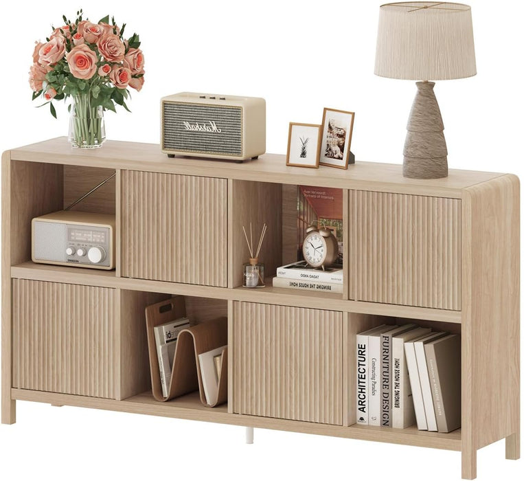 8 Cube Storage Organizer Bookshelf with Storage, 57 Inch Horizontal Bookcase with 4 Doors, Long Wooden Book Shelf for Living Room, Home Office (Light Walnut)