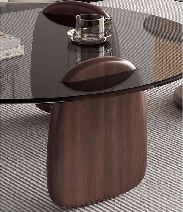 Modern round Coffee Table with Glass Top, 32.68" D X 22.44" W X 15.75" H, Circular Tea Tables for Living Room Home Office Industrial Cocktail Tables (Walunt-Grey Glass/35.43")