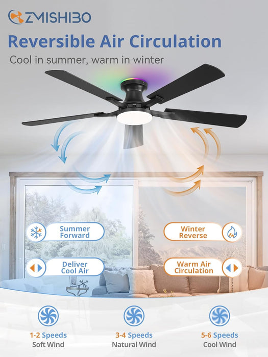 52 Inch Smart Ceiling Fans with RGB Lights, Low Profile Flush Mount Ceiling Fan with Alexa/App/Remote Control, Dimmable 20W LED Light, Black Modern Fan for Living Room, Bedroom, Game Room