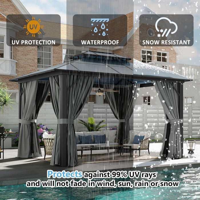 10'X12' Hardtop Gazebo, Aluminum Framed Outdoor Gazebo with Double Polycarbonate Roof, Durable Pavilion with Curtains & Netting for Patio, Garden, and Lawn