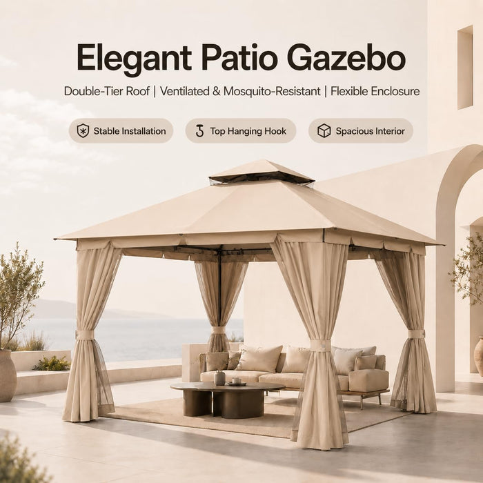10'X10' Outdoor Gazebo, Heavy Duty Metal Patio Canopy Tent Shelter with Double Roof, Mosquito Netting & Privacy Curtains for Backyard, Garden, Deck, Lawn, Khaki