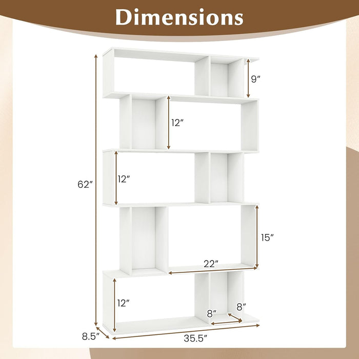 5-Tier Bookshelf, 10-Cube White Geometric Bookcase with 5 Closed-Back Cubbies, Anti-Toppling Kits, Open Display Storage Shelf for Living Room, Home Office, Bedroom