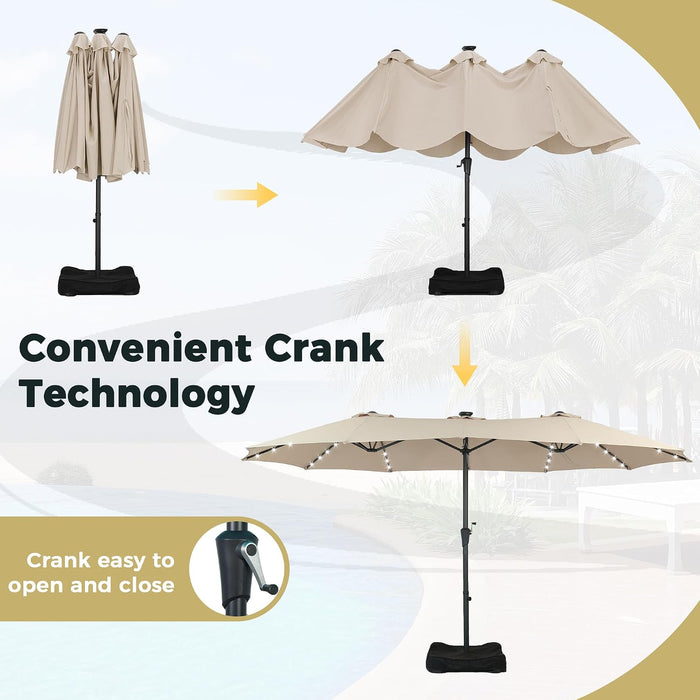 15Ft Double Sided Patio Umbrella with Solar Lights, Outdoor Large Umbrellas with Crank Handle and 48 LED Lights, Rectangular Market Umbrella with Base Included for Deck Pool Shade