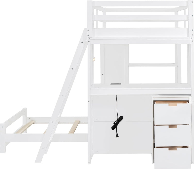 Modern Twin Wood Bunk Bed with LED Light and USB Ports, Storage Bunk Bed with Desk, Ladder for Bedroom, Dorm,Appartment Space-Saving White
