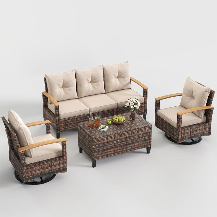 Patio Furniture Set, 4 Pieces Outdoor Patio Conversation Sets with Swivel Chairs, Wicker Patio Furniture Set with Storage Table, Outdoor Couch Set for Balcony, Porch, Deck, Backyard, Beige