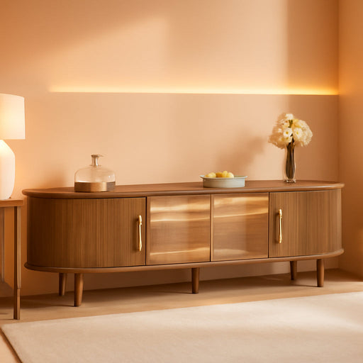 70" Fluted TV Stand with LED Lights for Tvs up to 75 Inch, Mid Century Modern Entertainment Center with Sliding Doors & Glass Shelf, TV Console Table Media Console for Living Room, Walnut