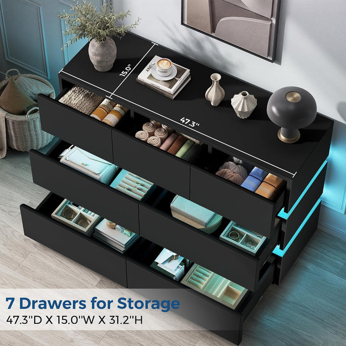 7 Drawer Dresser with LED Lights, Modern Black Dresser for Bedroom