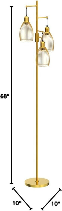 Dimmable Floor Lamp, Industrial Floor Lamps for Living Room, Gold Tree Lamp Standing Lamp Tall Lamps with 3 Elegant Teardrop Cage Head & 800 Lumens LED Bulbs for Living Room Bedroom Office Dining Room