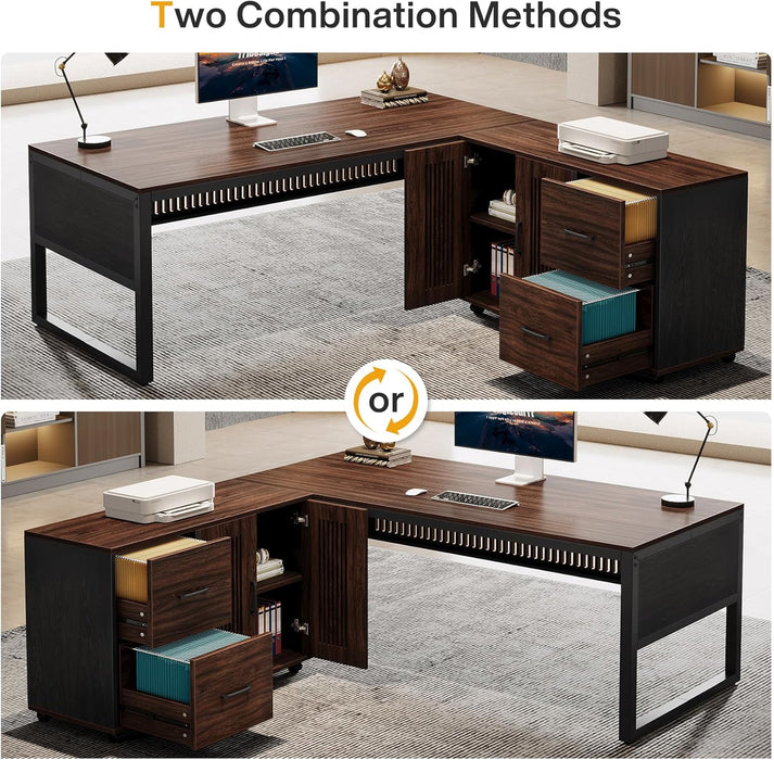 63-Inch L-Shaped Executive Desk, Modern Office Desk with Mobile File Cabinet, Large Executive Desks with Drawer, Business Furniture for Home Office, Dark Walnut & Black