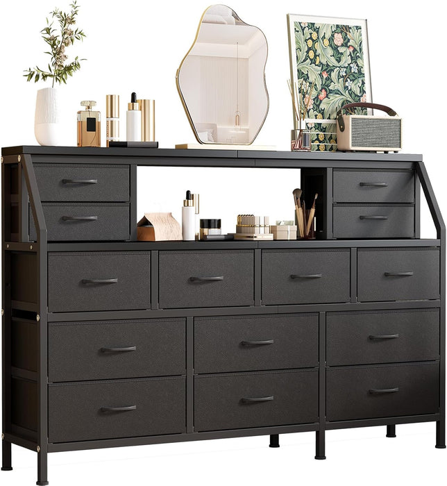 55" W Dresser for Bedroom with 14 Drawers, Chest of Drawers with Open Shelf, Fabric Storage Tower with Metal Frame & Wood Top, TV Stand Organizer for Clothes & Accessories (Black PU)