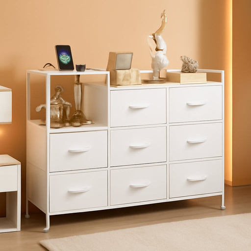 White Dresser TV Stand for Bedroom with Charging Station and Open Shelves, Fabric Dresser with 8 Drawers and Wood Top, Wide Storage Chest of Drawers for Living Room, Hallway