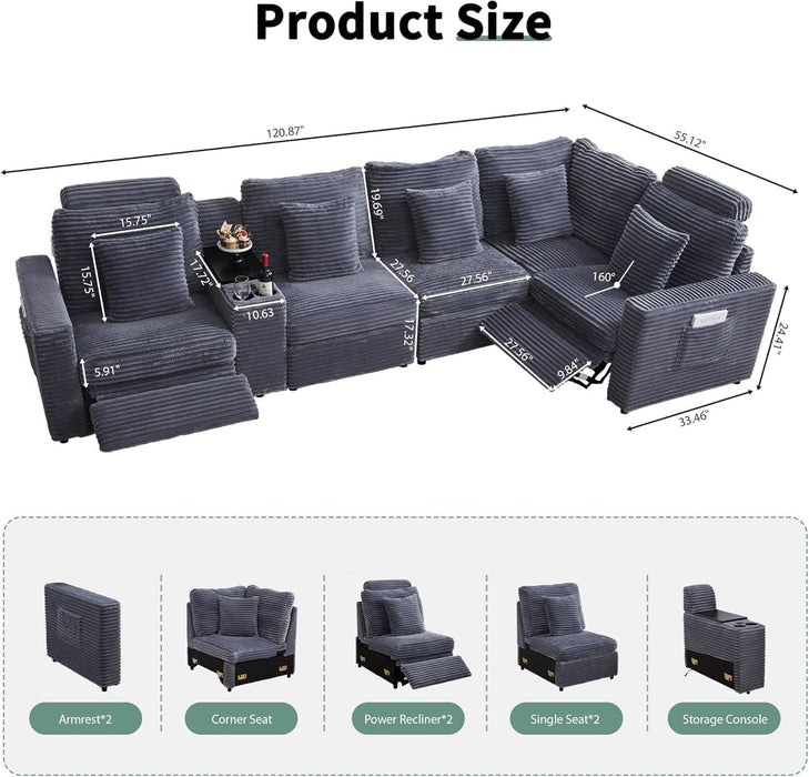 Oversized Modular Sectional Sofa with 2 Power Recliner, 5-Seater L-Shaped Corduroy Reclining Couch with Storage Console Charging Cup Holders, Fluffy Reclining Couches for Living Room,Grey