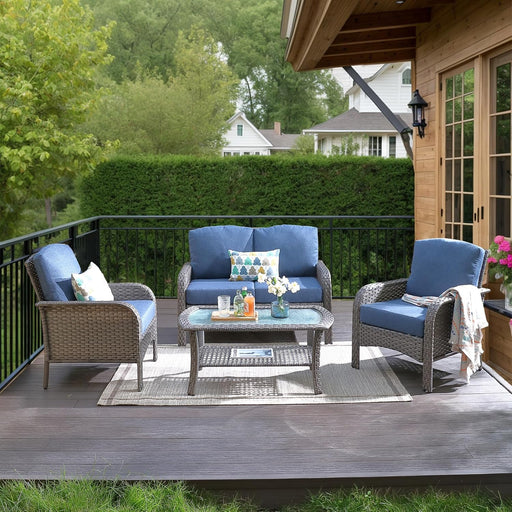 Patio Furniture Set,4 Pieces Outdoor Conversation Set,All Weather Wicker Loveseat Sofa Set with High Back Chairs Table,Denim Blue