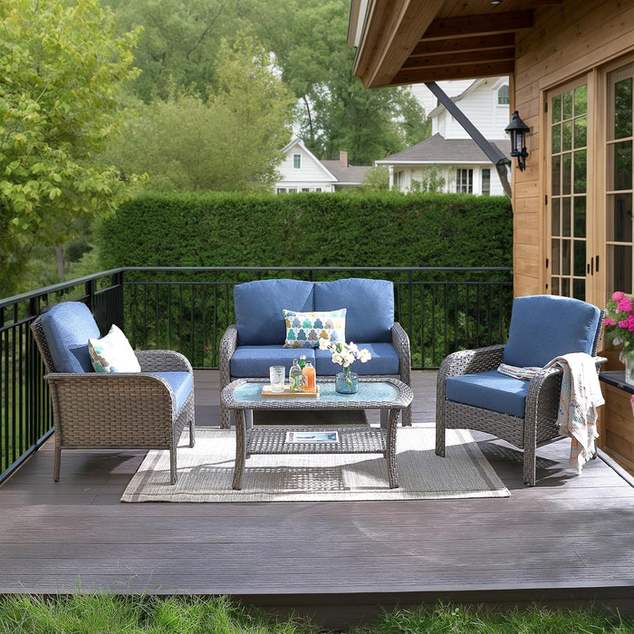 Patio Furniture Set,4 Pieces Outdoor Conversation Set,All Weather Wicker Loveseat Sofa Set with High Back Chairs Table,Denim Blue