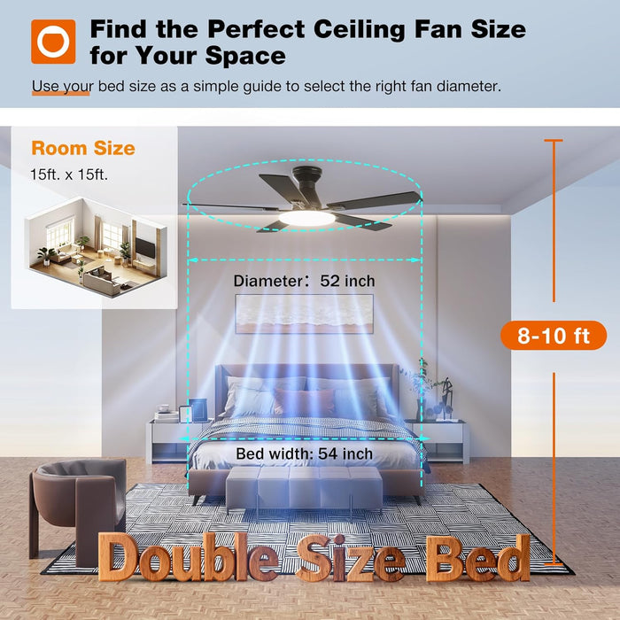 Ceiling Fans with Lights, 52 Inch Flush Mount Ceiling Fan with Remote Control, Wall Remote, Reversible, 3CCT, Dimmable, Noiseless DC Motor, Black Low Profile Ceiling Fan for Bedroom, Farmhouse