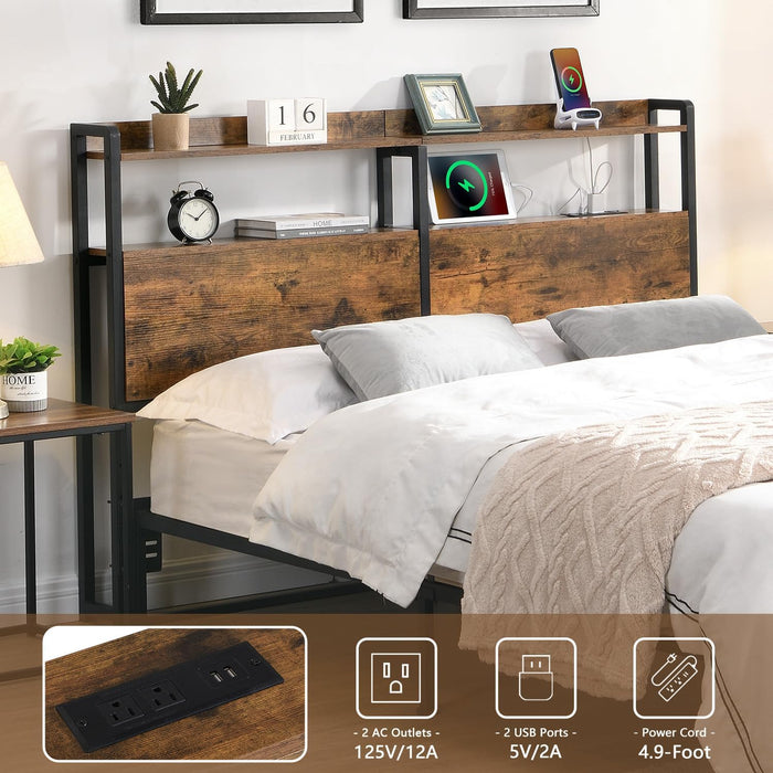Headboard Queen Size with Storage, 2-Tier Headboard with Shelf, LED Light & Charging Station & USB Port, Sturdy and Easy Assembly, Rustic Brown (Queen)