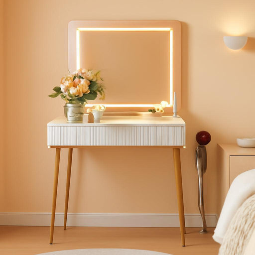 Makeup Vanity Desk with Lights and Mirror, Small Makeup Vanity Table with 2 Drawers, Dressing Table with 3 Adjustable Lighting Color, Small Makeup Desk for Bedroom, White with Gold Leg
