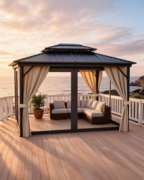 10X12 Ft Hardtop Gazebos with Heavy Duty Double Roof, Nettings and Curtains Galvanized Steel Outdoor Gazebos for Patio, Backyard, Deck, Lawn