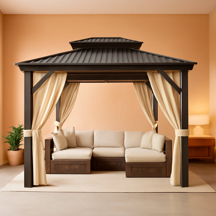 10X12 Ft Hardtop Gazebos with Heavy Duty Double Roof, Nettings and Curtains Galvanized Steel Outdoor Gazebos for Patio, Backyard, Deck, Lawn
