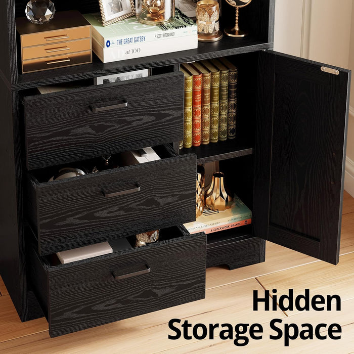 Bookshelf with Door and 3 Drawers, 71In Tall Bookcase Shelf with 3-Tier Shelves, for Bedroom Living Room Entrance Hallway Home Office