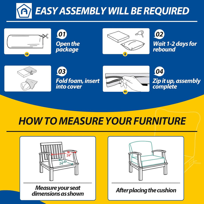 Outdoor Deep Seat Cushions, Waterproof, Fade-Resistant Patio Furniture Replacement Cushions, 24" X 24" X 5", Set of 4, Navy Blue