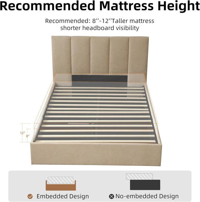 Queen Size Lift-Up Hydraulic Storage Bed, Beige Linen Upholstered Platform Bed with Vertical Channel Headboard, Wooden Slat Support, No Box Spring Needed, Easy Assembly