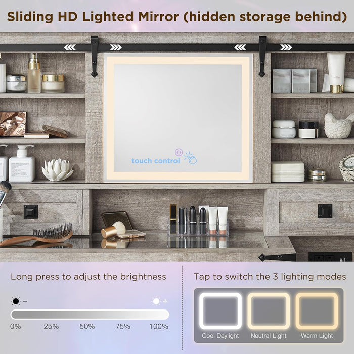 48'' Farmhouse Makeup Vanity Desk with Sliding HD Mirror and Lights, Big Modern Lighted Vanity Table with 7 Drawers & Shelves, Rustic Large Dressing Table for Bedroom, Light Rustic Oak