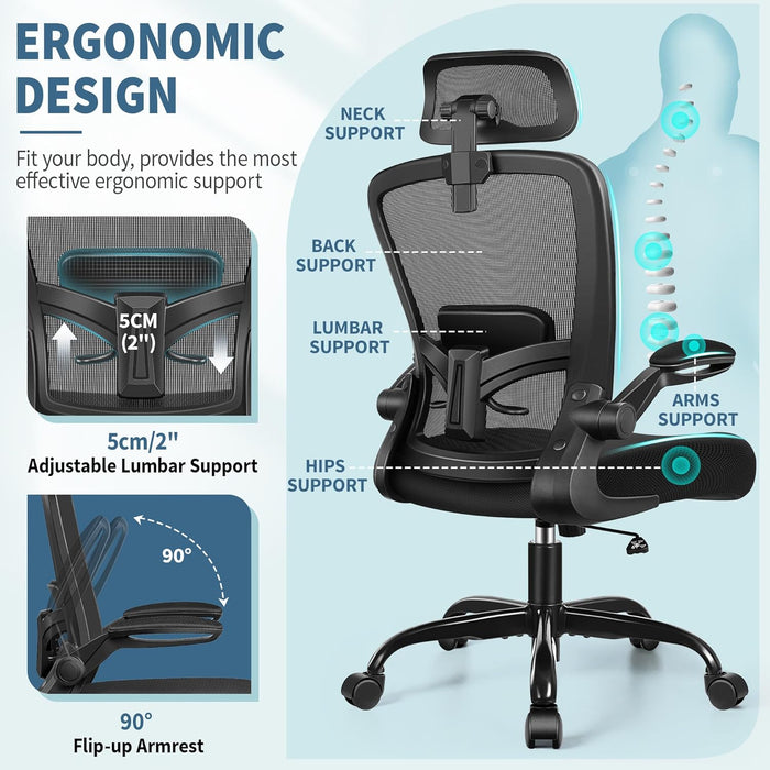 Office Chair, Desk Chair with Adjustable Lumbar Support, Ergonomic Computer Chair with High Back and Armrest, Adjustable Height Gaming Chair Home Office Swivel Chair(Black)
