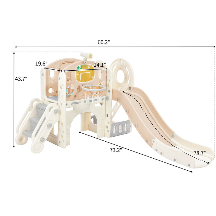 7 in 1 Toddlerplayset, Freestanding Castle Climbing Crawling Playhouse with Basketball Hoop, Toy Storage Organizer, Arch Tunnel,Toss for Kids Gifts