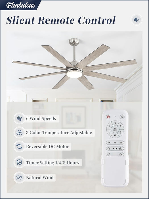 65 Inch Ceiling Fans with Lights and Remote, Brush Nickel Indoor/Outdoor Ceiling Fan with Quiet Reversible DC Motor, 6 Speeds, 3CCT, 8 Blades Large Ceiling Fan for Living Room Bedroom Patio