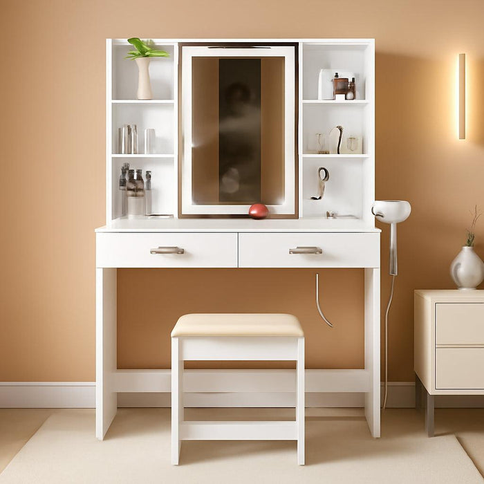 Lighted Makeup Vanity Desk with Power Outlet & Stool, White Dressing Table with LED Mirror, 2 Large Drawers, 6 Shelves for Bedroom Organization, Gift for Women