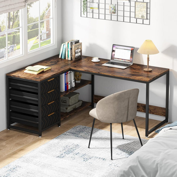 59-Inch L Shaped Desk with Drawers, Large Computer Desk with Storage Shelves, Reversible L-Shaped Corner Desk Workstation for Home Office