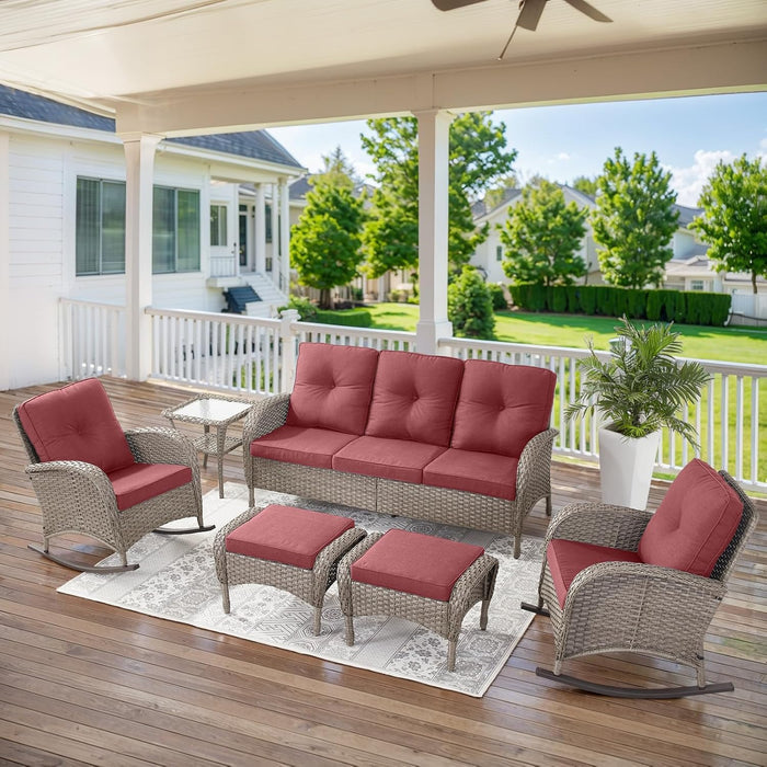5 Piece Patio Rocking Chairs Furniture Set - Outdoor Wicker Furniture with Ottomans and Side Table, Rattan Conversation Bistro Set for Porch Balcony Backyard