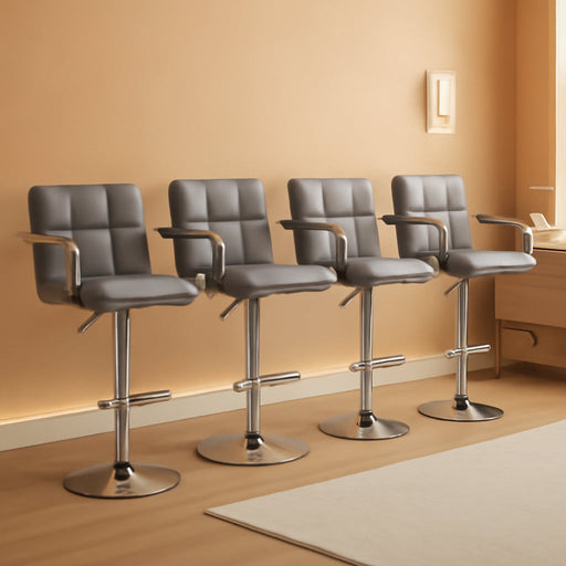 Swivel Bar Stools Set of 4, PU Leather Counter Height Stool with Arm | Upholstered Bar Chairs with Back, Barstools, Adjustable Height, Metal Legs, Kitchen Island, Cafe, Pub, Light Grey