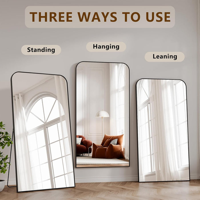 Full Length Mirror, 76"X34" Mirror Full Length with Stand, Black Domed Top Square-Edged Floor Mirror with Aluminum Alloy Frame for Bedroom Living Room