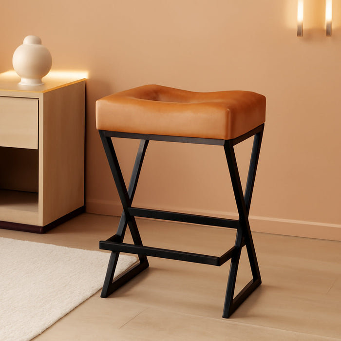 Counter Height Bar Stools Set of 2, Backless 26" Saddle Barstools, Brown