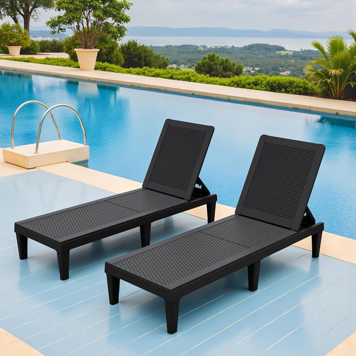 Outdoor Chaise Lounge Chairs Set of 2 with 5-Position Adjustable Backrest, Waterproof PP Sun Loungers for Garden Pool Beach Patio Deck Sunbathing, Black