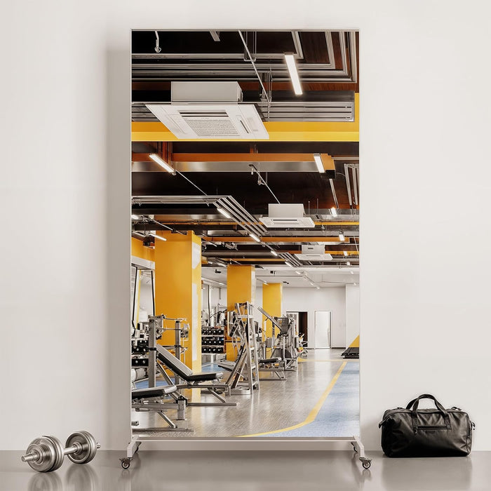 Home Gym Rolling Mirror 72"X40" – Extra Large Full Length Mirror with Wheels, Mobile Tempered Glass Floor Mirror, 360° Swivel, for Workout, Garage, Dance Studio, Yoga, Bedroom, White