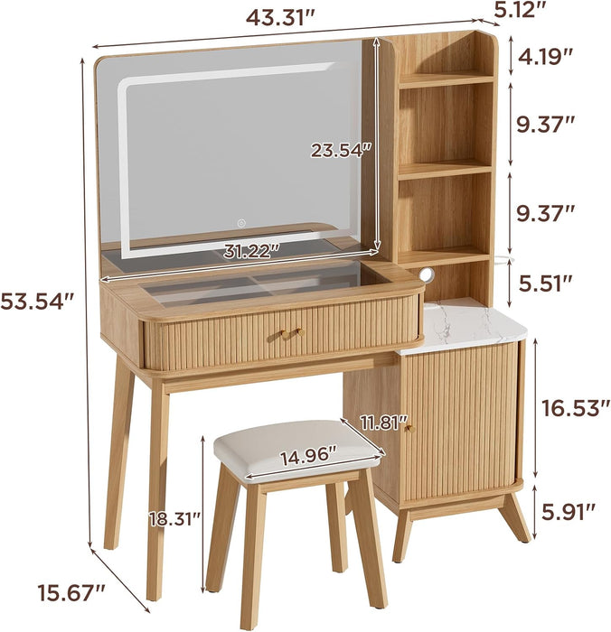 Fluted Makeup Vanity Desk with Large Lighted Mirror, Glass Top Vanity Table with 2 Drawers & Sliding Cabinet, Dressing Table with Stool and Charging Station for Bedroom, Natural Oak