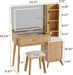 Fluted Makeup Vanity Desk with Large Lighted Mirror, Glass Top Vanity Table with 2 Drawers & Sliding Cabinet, Dressing Table with Stool and Charging Station for Bedroom, Natural Oak