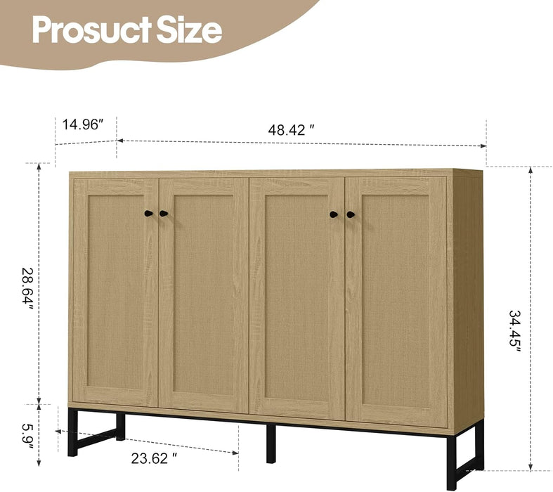 Sideboard Accent Storage Cabinet with Rattan Decorated 4 Doors Dining Room Freestanding Kitchen Buffet Table Cupboard (Natural)