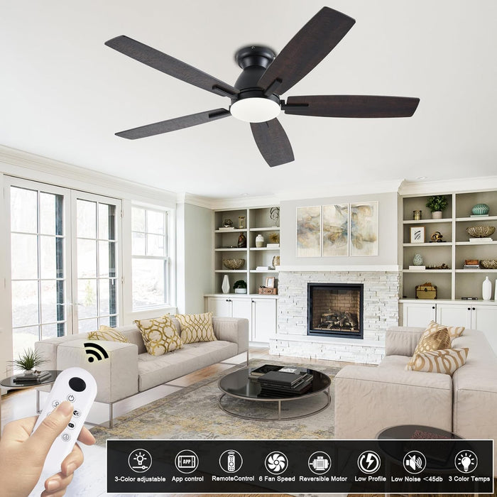 52 Inch Brown Modern Ceiling Fans with Lights, Low Profile Ceiling Fan with Remote/App Control, DC Reversible Motor, Dimmable LED Ceiling Fans for Bedroom,Indoor/Outdoor