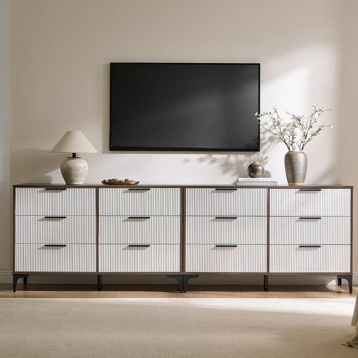 47" Wide Fluted 6 Drawer Dresser for Bedroom, Walnut/White