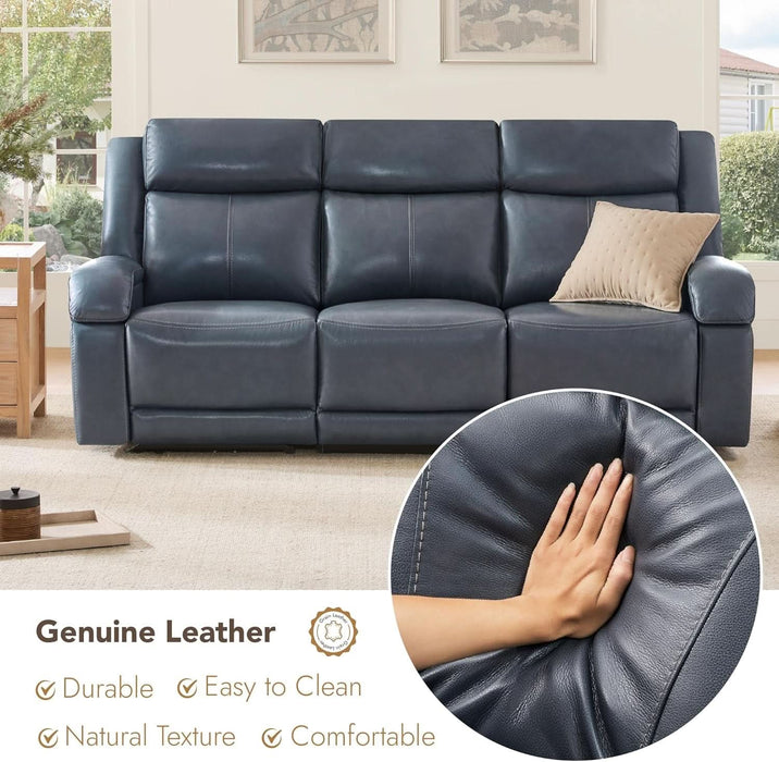 Genuine Leather Power Recliner Sofa, 3 Seater Wall Hugger Reclining Sofas with Power Headrest, USB & Typec Ports, Electric Recliner Couch Set for Living Room, Navy